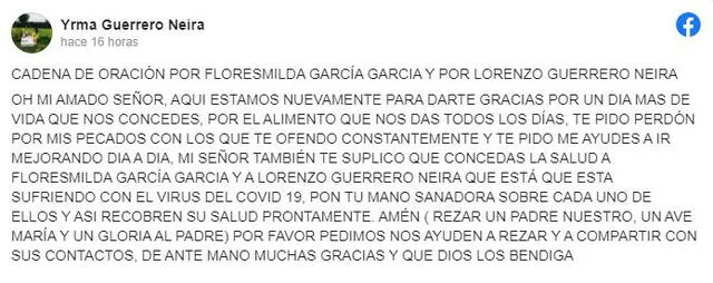 Cadena de oración para Lorenzo Guerrero. Foto: Facebook