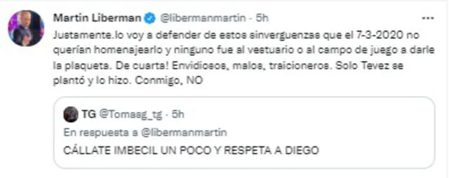 Liberman criticó a la dirigencia de Boca por el homenaje de marzo de 2020.