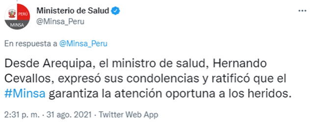 Mensaje de Hernando Cevallos sobre el accidente en Matucana. Foto: Twitter