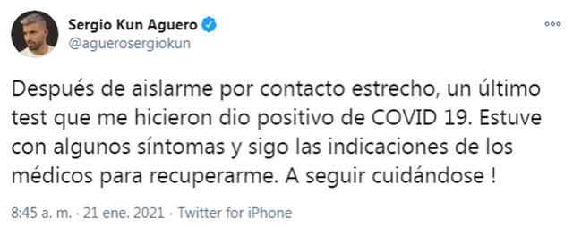 Publicación de Sergio Agüero en Twitter.