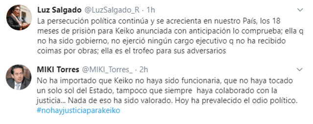 Tuits de Luz Salgado y Miguel Torres.