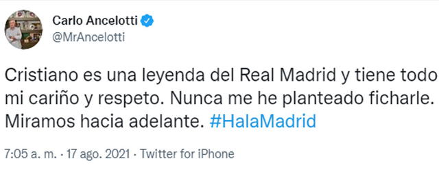 Publicación de Carlo Ancelotti en Twitter.