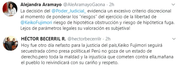 Tuits de Alejandra Aramayo y Héctor Becerril.