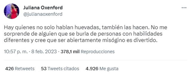 Juliana Oxenford critica el ampay de Ricardo Mendoza. Foto: Juliana Oxenford/Twitter   