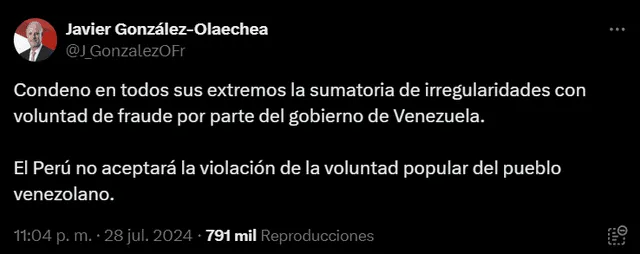 El canciller de Perú, González-Olaechea, se pronunció contra el fraude. Foto: @J_GonzalezOFr   