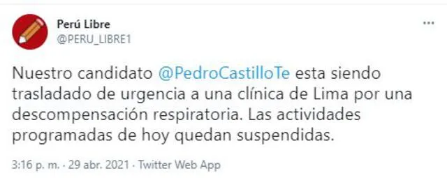 Tuit sobre estado de salud de Pedro Castillo.