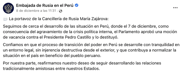 Declaración de la Embajada rusa en Perú. Foto: captura de Facebook
