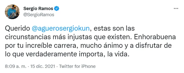 El apoyo de Sergio Ramos para Sergio Agüero. Foto: captura Twitter