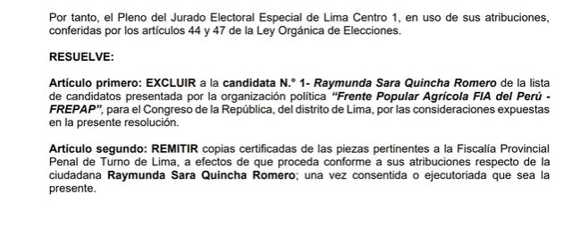 Exclusión de la excandidata del Frepap por Lima Raymunda Quincha Romero.