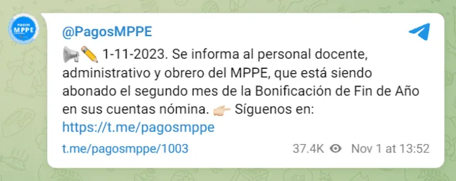  Desde el 1 de noviembre se viene distribuyendo el segundo mes de bonificación de Fin de Año. Foto: Pagos MPPE/ Telegram   