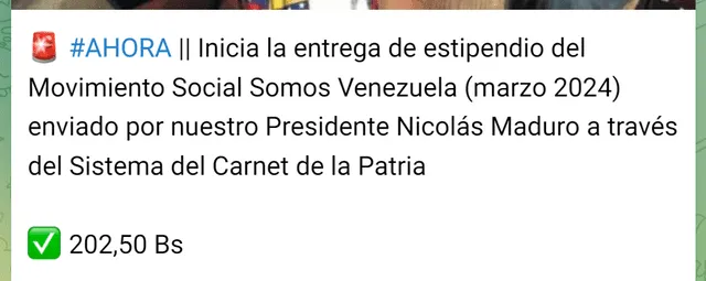 El Bono Somos Venezuela se pagó el 18 de marzo. Foto: Canal Patria Digital/Telegram