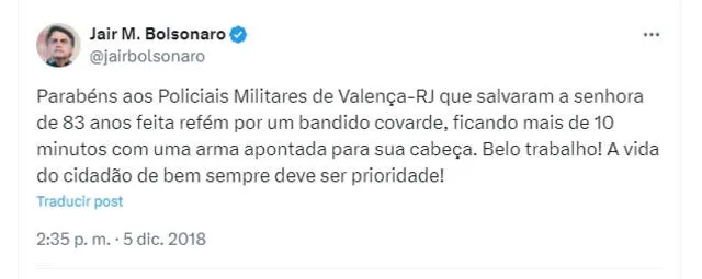 <em> Pronunciamiento de Jair Bolsonaro sobre el suceso. Fuente: captura de Twitter</em>   
