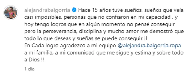 Alejandra Baigorria y su emotivo mensaje en redes sociales. Foto: Instagram/Alejandra Baigorria   