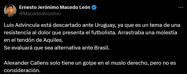  Tuit en el que el periodista Ernesto Macedo confirma la baja de Luis Advíncula. Foto: captura de X/Ernesto Jerónimo Macedo León   