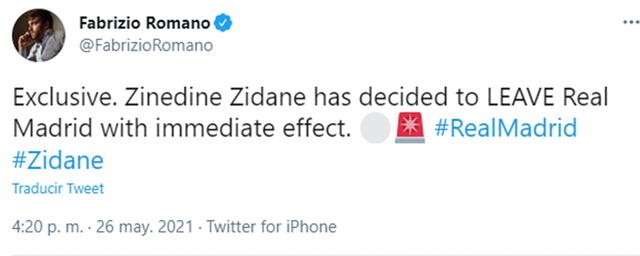 Fabrizio Romano informó sobre la situación de Zinedine Zidane en el Real Madrid. Foto: Twitter