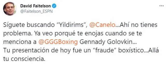 El periodista deportivo David Faitelson tuitea sobre la pelea de Saúl 'Canelo' Álvarez