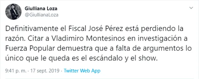 Giulliana Loza sobre citación a Vladimiro Montesinos: “El Fiscal José Pérez está perdiendo la razón” [FOTOS]