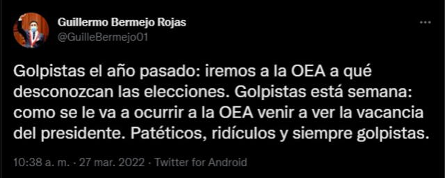 El congresista de la bancada Perú Democrático, Guillermo Bermejo, se pronunció a través de su cuenta de Twitter.