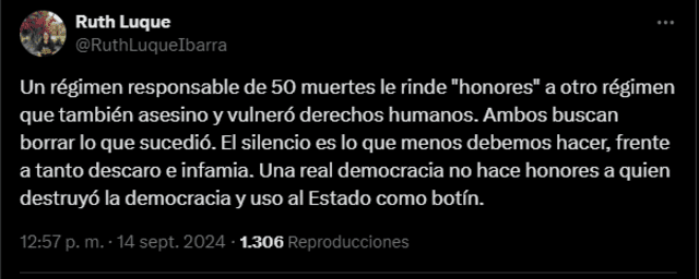 Ruth Luque se pronuncia sobre los "honores de Estado" hacia Alberto Fujimori. Foto: X (antes Twitter)   