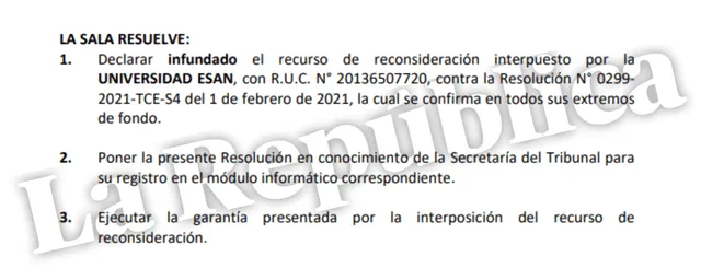  Resolución del Tribunal de Contrataciones del Estado sobre la Universidad ESAN. | Foto: La República.   