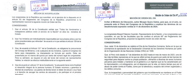 Izquierda: Moción de interpelación presentada contra ministro Quero. Derecha: Moción de orden del día para citar a ministro Quero a declarar ante el Congreso de la República | Fuente: Congreso de la República. Izquierda: Moción de interpelación presentada contra ministro Quero. Derecha: Moción de orden del día para citar a ministro Quero a declarar ante el Congreso de la República | Fuente: Congreso de la República.