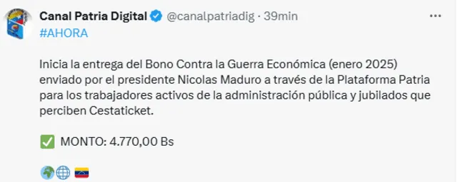 Anuncio del Bono de Guerra para trabajadores públicos en enero 2025. Foto: Canal Patria Digital   