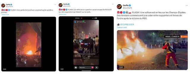 <em>Clip viral (izquierda) y dos materiales videográficos adicionales sobre los incidentes del 7 de mayo. Foto: captura de X</em>   