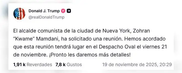 Trump confirma reunión con Mamdani. Foto: @realDonaldTrump/Truth Social<br> Trump confirma reunión con Mamdani. Foto: @realDonaldTrump/Truth Social<br>