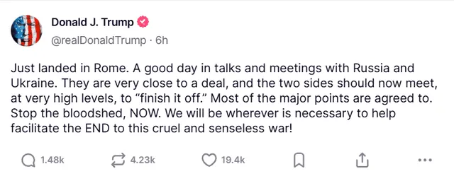 Donald Trump announces progress in Russia-Ukraine peace talks after landing in Rome, calling for an end to the war. Photo: Truth social Donald Trump announces progress in Russia-Ukraine peace talks after landing in Rome, calling for an end to the war. Photo: Truth social