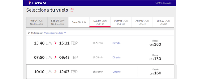 Horarios del 7 de junio. Fuente: Latam Airlines
