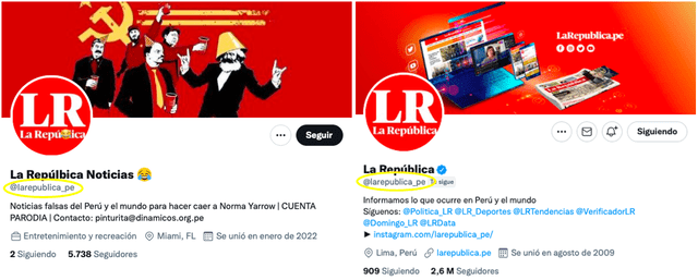 Comparación entre la cuenta parodia (izquierda) y la cuenta oficial (derecha). Fuente: Composición LR, Facebook.