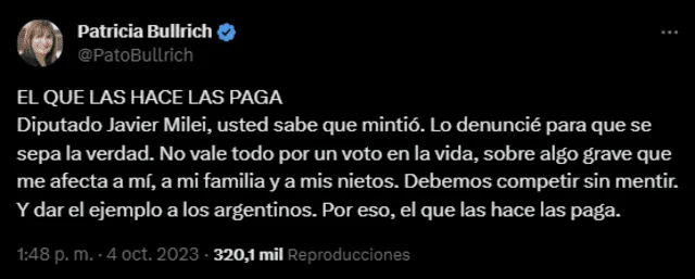  La candidata Bullrich se mostró afectada por los ataques de Milei. Foto: @PatoBullrich/Twitter   