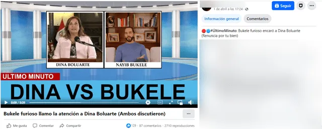  Desinformación sobre Dina Boluarte y Nayib Bukele. Foto: captura en Facebook.&nbsp;<br><br>    