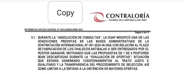 En septiembre, la Contraloría advirtió que la OGAF del Mininter manipuló las bases del concurso para la compra de chalecos. Foto: difusión 