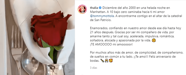 Thalía celebró un aniversario más de boda junto al padre de sus hijos. Foto: Thalía/Instagram.