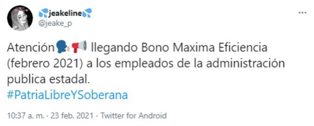 En redes se ha informado que el Bono Máxima Eficiencia se está entregando estos días en Venezuela, pero de momento no hay información oficial. Foto: captura de Twitter