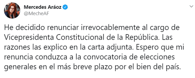 Mercedes Aráoz anuncia su renuncia por Twitter.