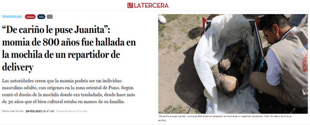  Así tituló La Tercera la nota de la momia hallada entre Perú y Bolivia. Foto: La Tercera/captura    