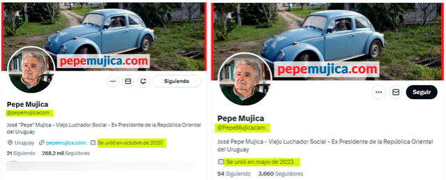  Las cuentas @pepemujicacom y @PepeMujicacam son similares en cuanto a la información que brindan. Foto: capturas en Twitter.    