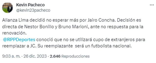 Kevin Pacheco's tweet about replacing Jairo Concha at Alianza Lima.  Photo: Twitter.   