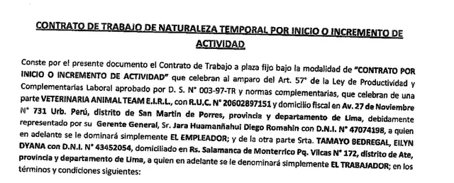  Contrato de Eylin Tamayo, en la que figura como “trabajador”, mientras que Diego Jara como gerente general.&nbsp; Fuente: Municipalidad de San Martín de Porres.    