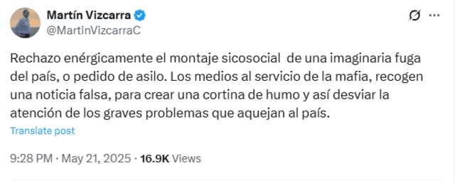 Martín Vizcarra se pronunció a través de su cuenta oficial de X. Martín Vizcarra se pronunció a través de su cuenta oficial de X.