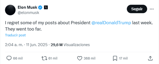Elon Musk pide disculpas a Donald Trump desde su cuenta en X. Elon Musk pide disculpas a Donald Trump desde su cuenta en X.