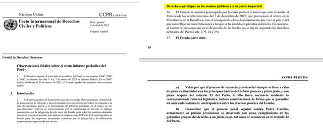  Páginas 1, 10 y 11 de las “Observaciones finales sobre el sexto informe periódico del Perú” de abril de 2023. Foto: captura en web de la ONU.&nbsp;&nbsp;   