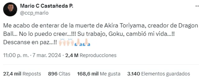  Mario Castañeda compartió un sentido mensaje para Akira Toriyama en su cuenta de X. Foto: X/Mario Castañeda   