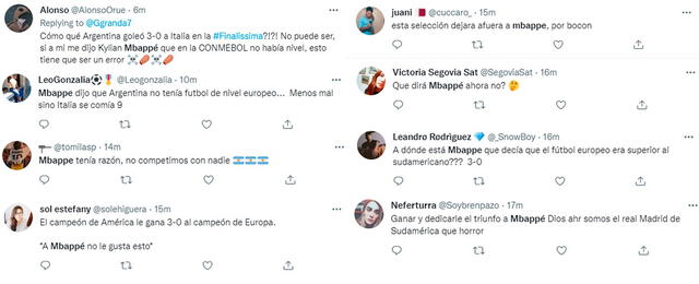Comentarios de los usuarios sudamericanos sobre Mbappé. Foto: Twitter