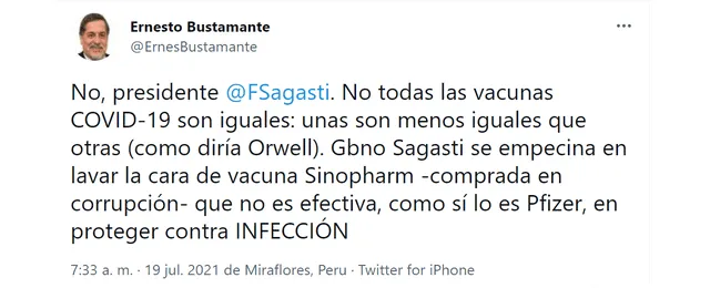 Congresista fujimorista Bustamante arremete contra vacuna Sinopharm / Fuente: Twitter