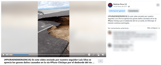 Video del desprendimiento de una pista fue reportado en 2017. Foto: captura en Facebook / Noticias Piura 3.0.    