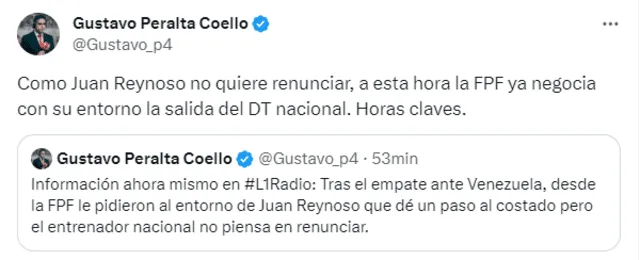 Información de Gustavo Peralta sobre el futuro de Juan Reynoso. Foto: captura Twitter   
