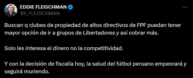  El periodista Eddie Fleischman critió el formato de la Liga 1 2025. Foto: captura de X/Eddie Fleischman   